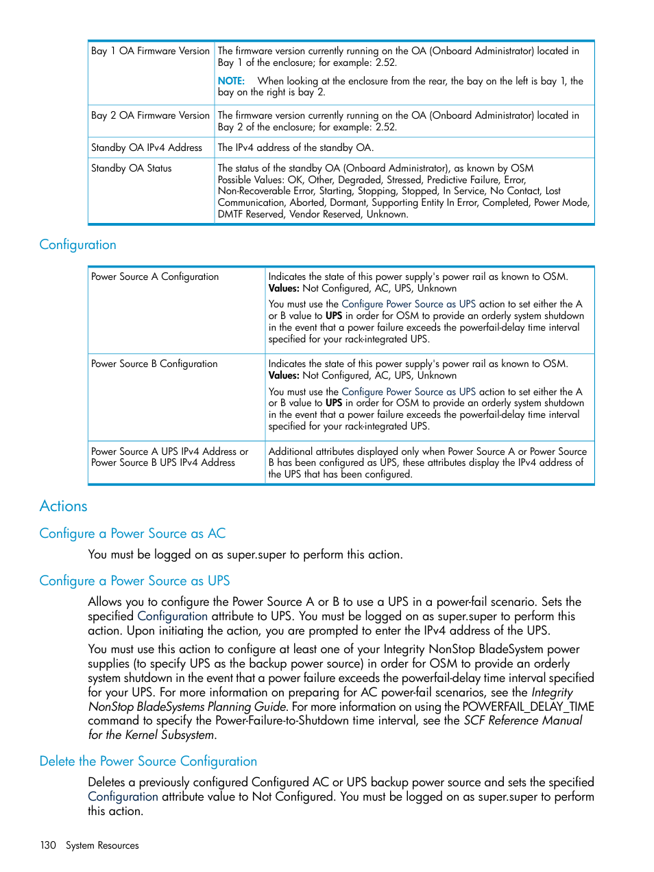 Configuration, Actions, Configure a power source as ac | Configure a power source as ups, Delete the power source configuration | HP Integrity NonStop J-Series User Manual | Page 130 / 328