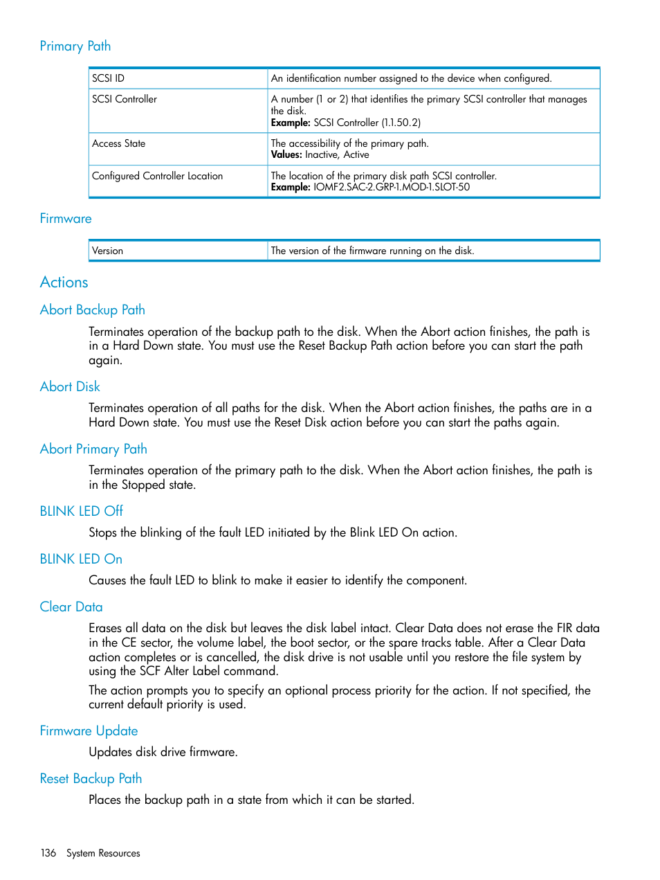 Primary path, Firmware, Actions | Abort backup path, Abort disk, Abort primary path, Blink led off, Blink led on, Clear data, Firmware update | HP Integrity NonStop J-Series User Manual | Page 136 / 328