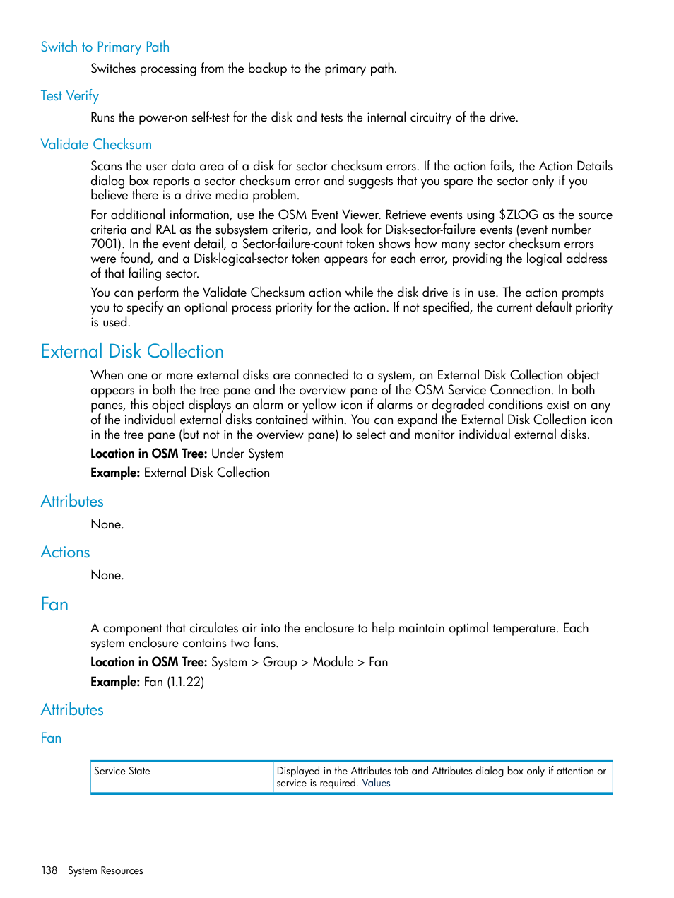 Switch to primary path, Test verify, Validate checksum | External disk collection, Attributes, Actions, Attributes actions | HP Integrity NonStop J-Series User Manual | Page 138 / 328
