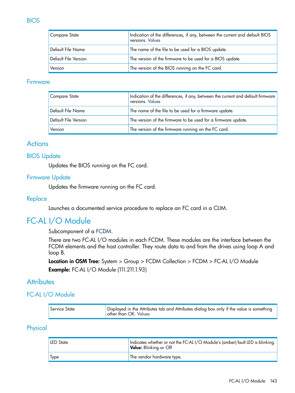 Bios, Firmware, Actions | Bios update, Firmware update, Replace, Fc-al i/o module, Attributes, Physical, Bios firmware | HP Integrity NonStop J-Series User Manual | Page 143 / 328