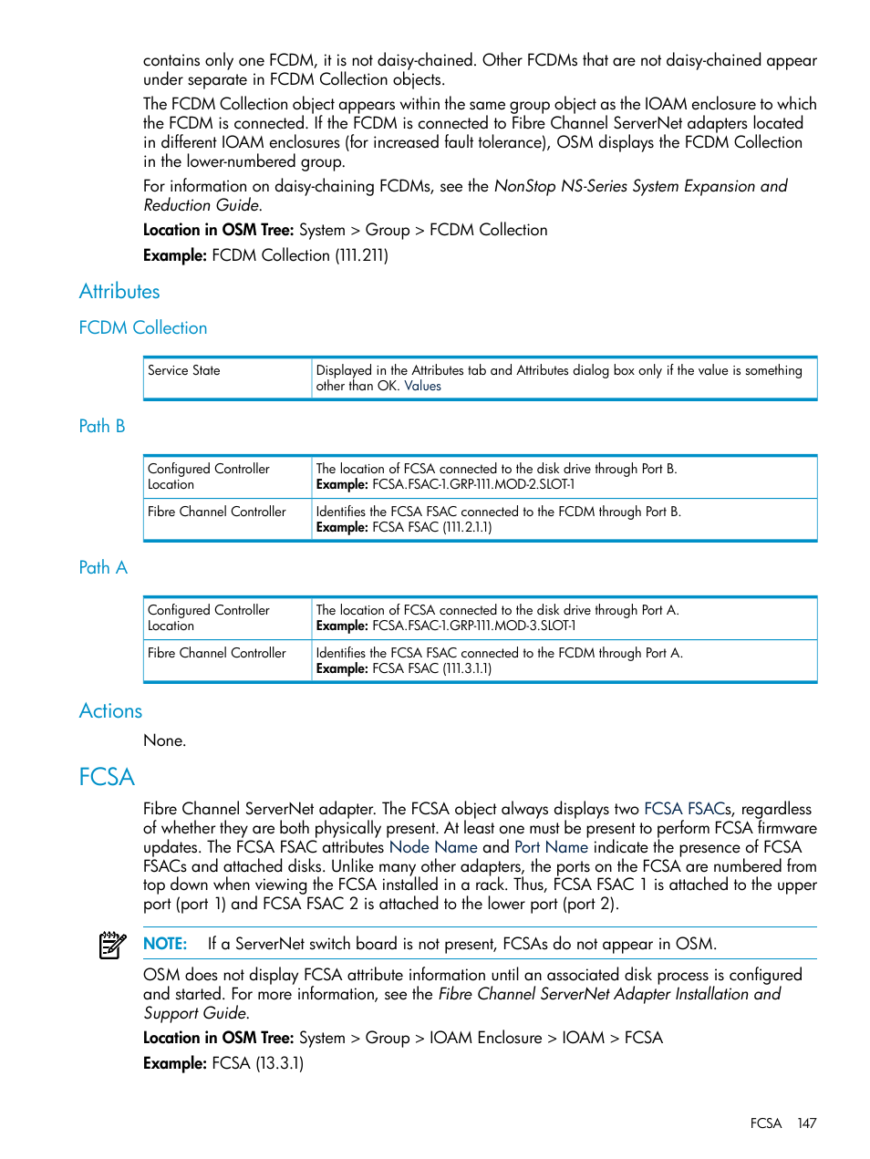 Attributes, Fcdm collection, Path b | Path a, Actions, Fcsa, Fcdm collection path b path a | HP Integrity NonStop J-Series User Manual | Page 147 / 328