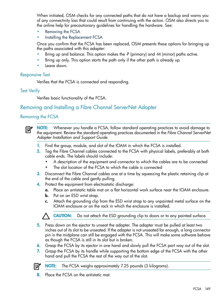 Responsive test, Test verify, Removing the fcsa | Responsive test test verify | HP Integrity NonStop J-Series User Manual | Page 149 / 328