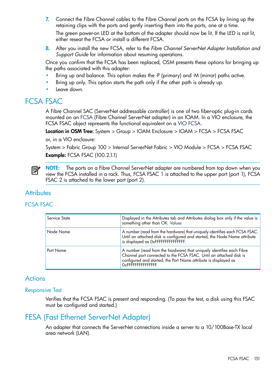 Fcsa fsac, Attributes, Actions | Responsive test, Fesa (fast ethernet servernet adapter), Fesa, Node name, Port name | HP Integrity NonStop J-Series User Manual | Page 151 / 328
