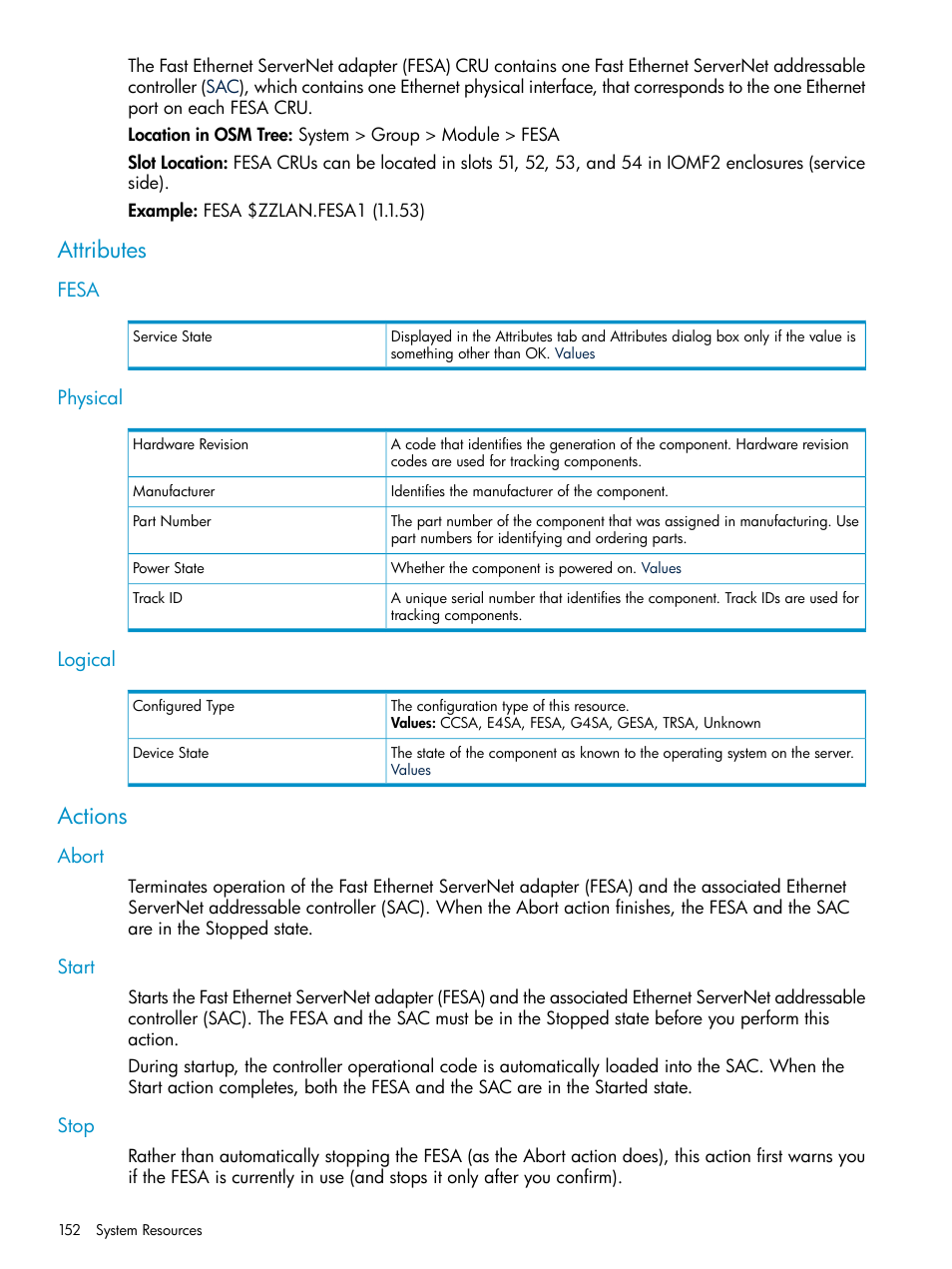Attributes, Fesa, Physical | Logical, Actions, Abort, Start, Stop, Fesa physical logical, Abort start stop | HP Integrity NonStop J-Series User Manual | Page 152 / 328