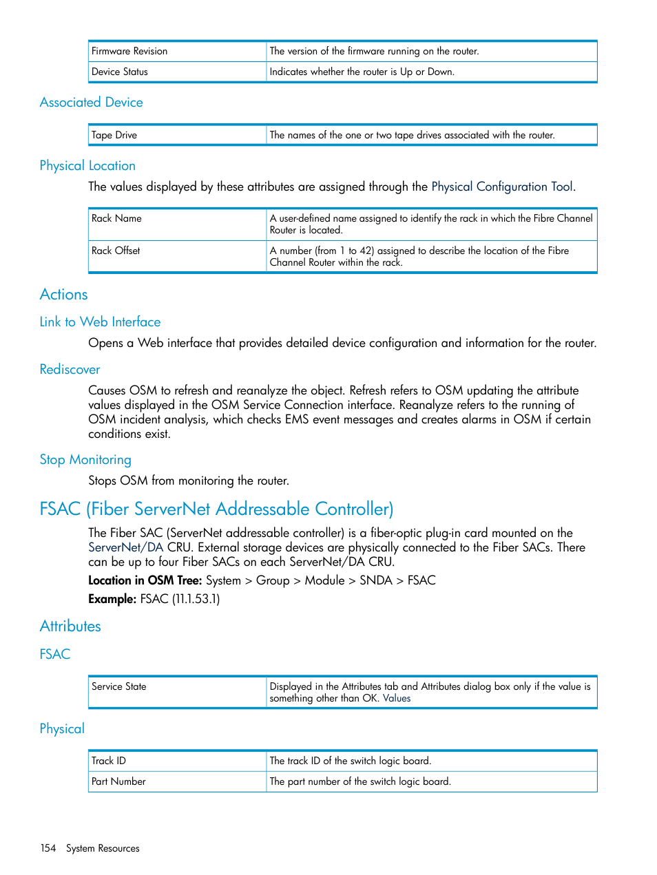 Associated device, Physical location, Actions | Link to web interface, Rediscover, Stop monitoring, Fsac (fiber servernet addressable controller), Attributes, Fsac, Physical | HP Integrity NonStop J-Series User Manual | Page 154 / 328