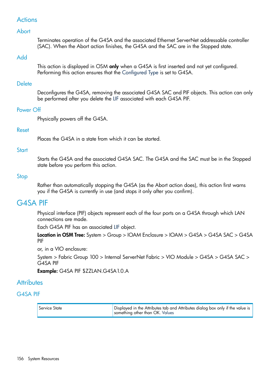 Actions, Abort, Delete | Power off, Reset, Start, Stop, G4sa pif, Attributes, Abort add delete power off reset start stop | HP Integrity NonStop J-Series User Manual | Page 156 / 328