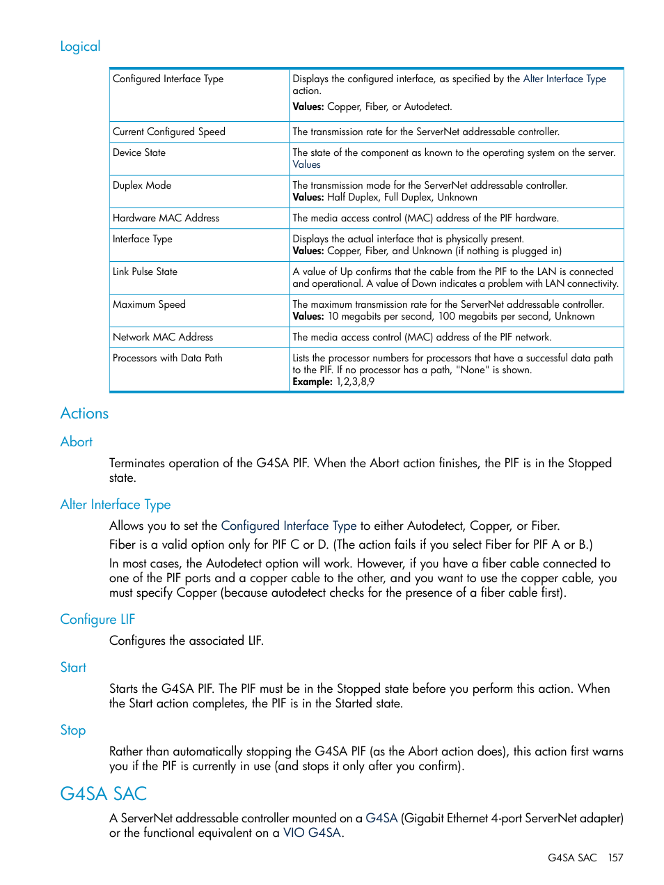 Logical, Actions, Abort | Alter interface type, Configure lif, Start, Stop, G4sa sac | HP Integrity NonStop J-Series User Manual | Page 157 / 328