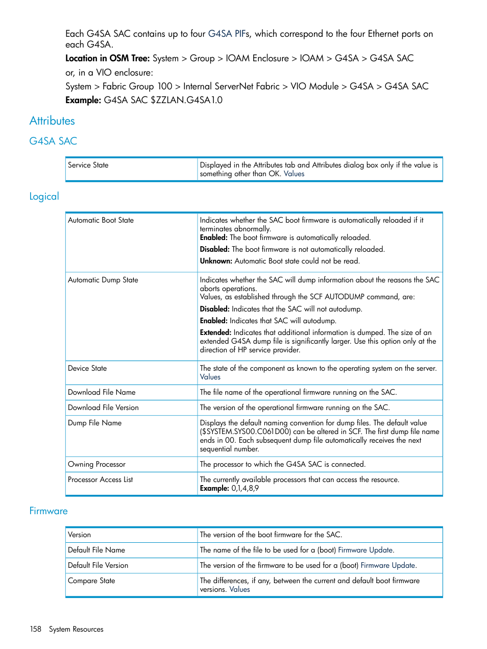 Attributes, G4sa sac, Logical | Firmware, G4sa sac logical firmware | HP Integrity NonStop J-Series User Manual | Page 158 / 328