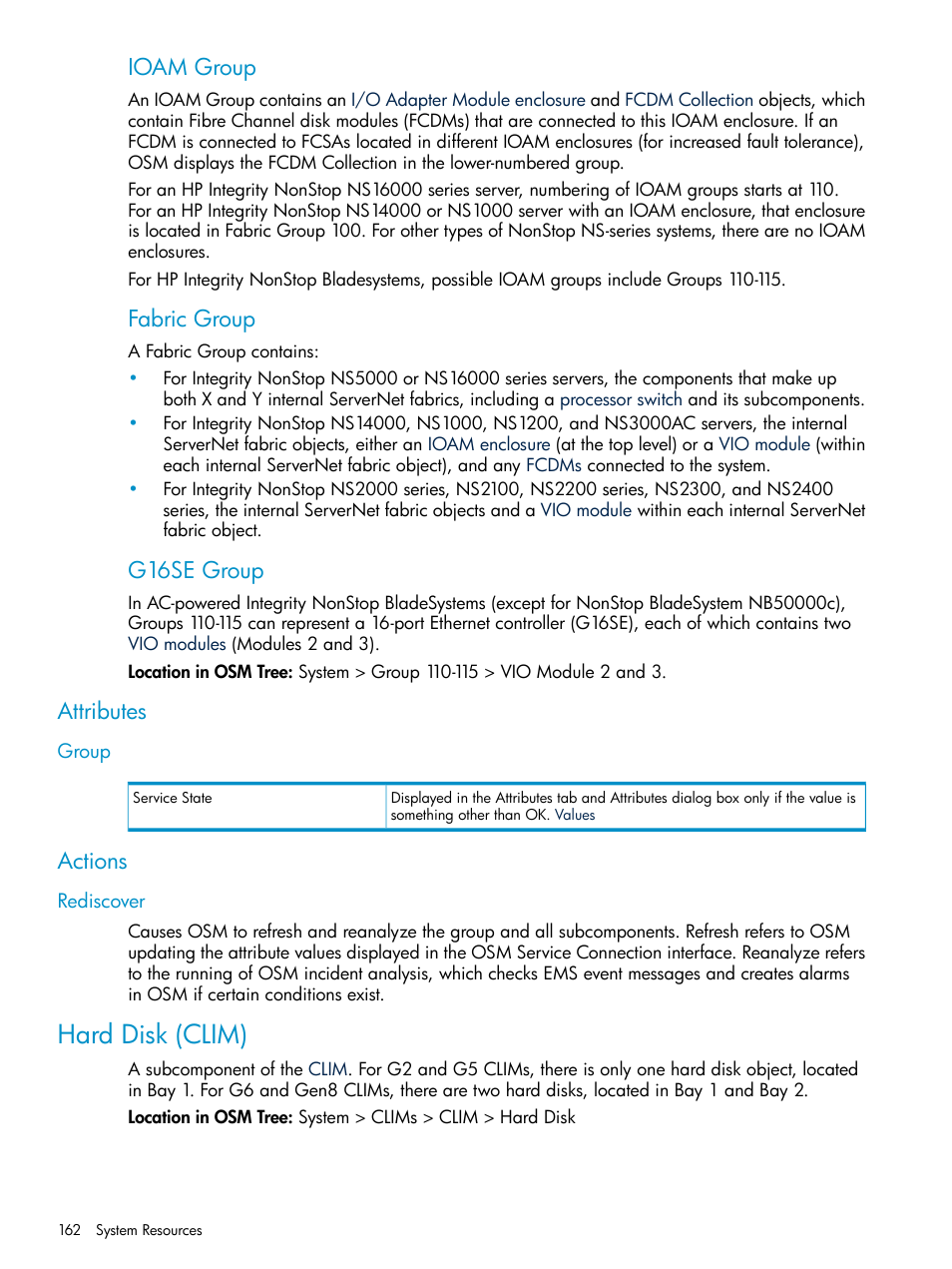 Attributes, Group, Actions | Rediscover, Hard disk (clim), Port ethernet controllers (g16se), Hard disk, Clim, Ioam group, Fabric group | HP Integrity NonStop J-Series User Manual | Page 162 / 328