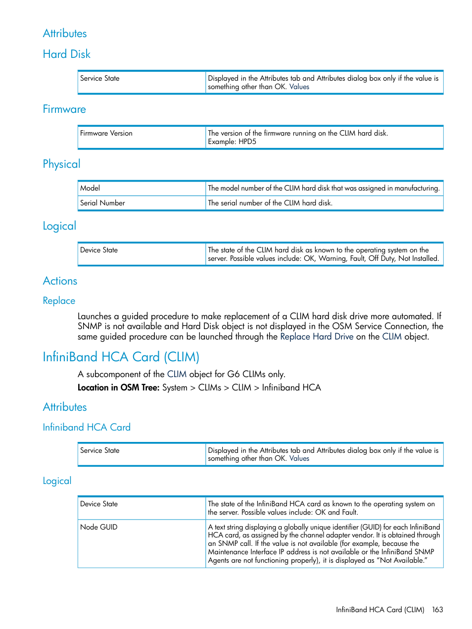 Attributes, Hard disk, Firmware | Physical, Logical, Actions, Replace, Infiniband hca card (clim), Infiniband hca card, Attributes hard disk | HP Integrity NonStop J-Series User Manual | Page 163 / 328