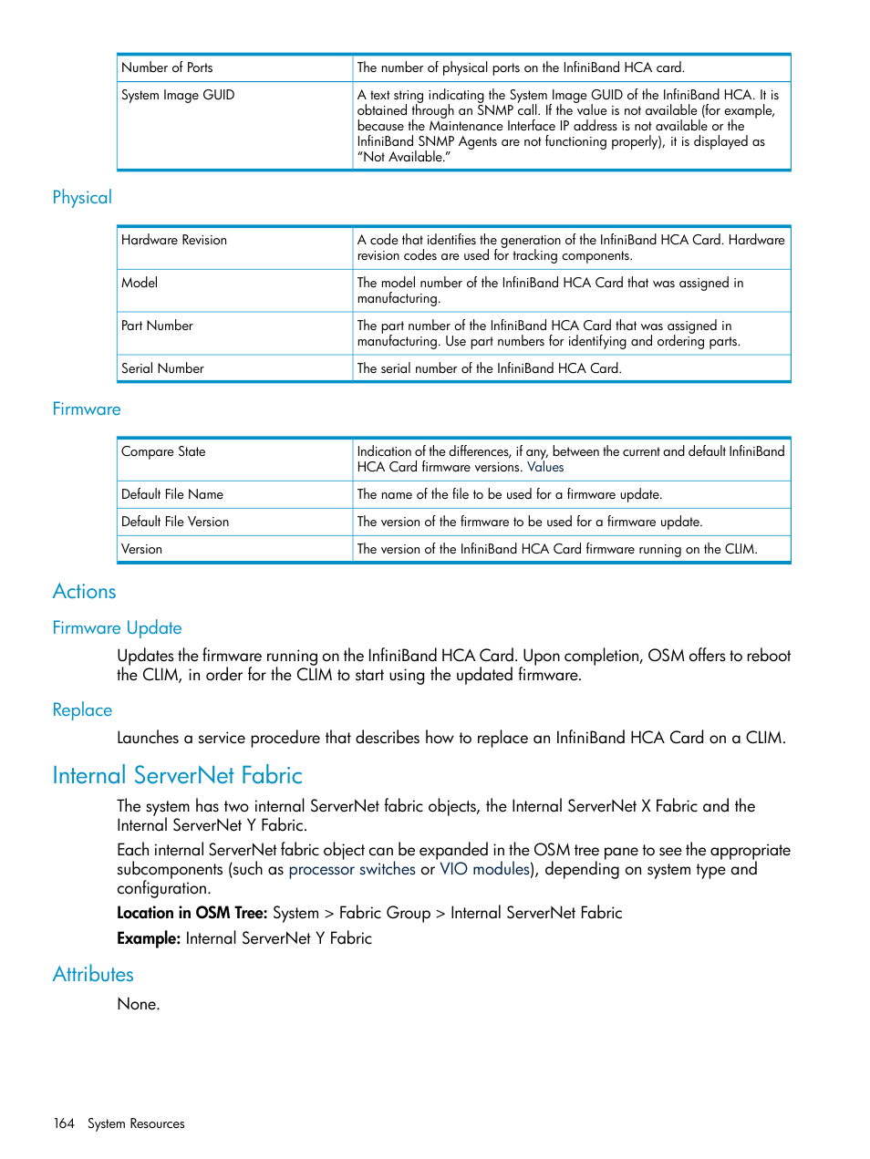 Actions, Firmware update, Replace | Internal servernet fabric, Attributes, Firmware update replace | HP Integrity NonStop J-Series User Manual | Page 164 / 328