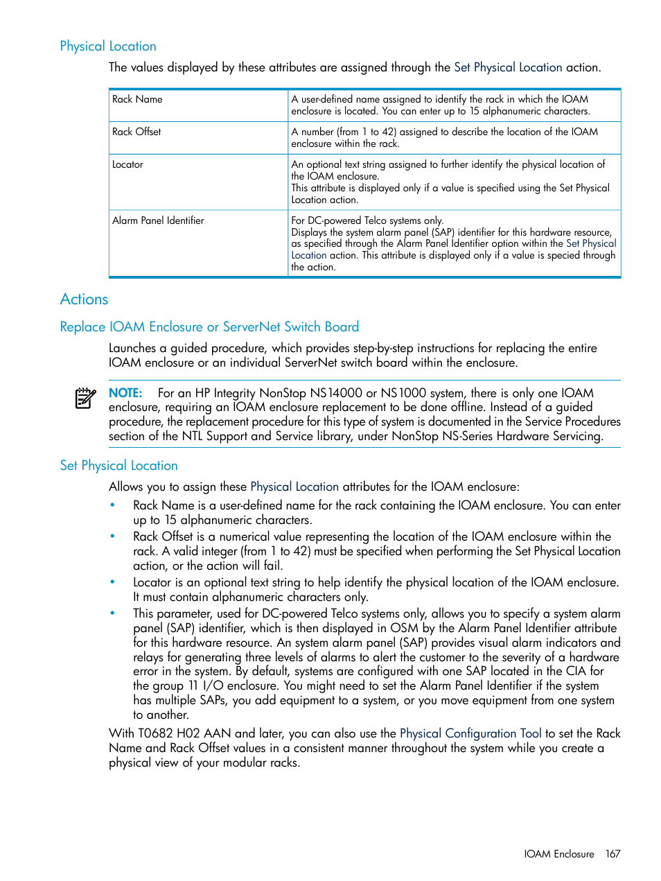 Physical location, Actions, Replace ioam enclosure or servernet switch board | Set physical location | HP Integrity NonStop J-Series User Manual | Page 167 / 328