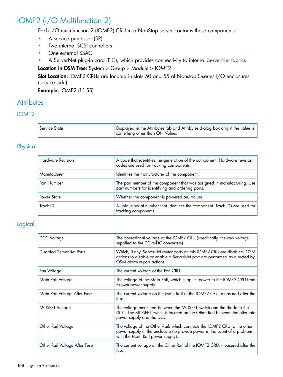 Iomf2 (i/o multifunction 2), Attributes, Iomf2 | Physical, Logical, Iomf2 physical logical | HP Integrity NonStop J-Series User Manual | Page 168 / 328