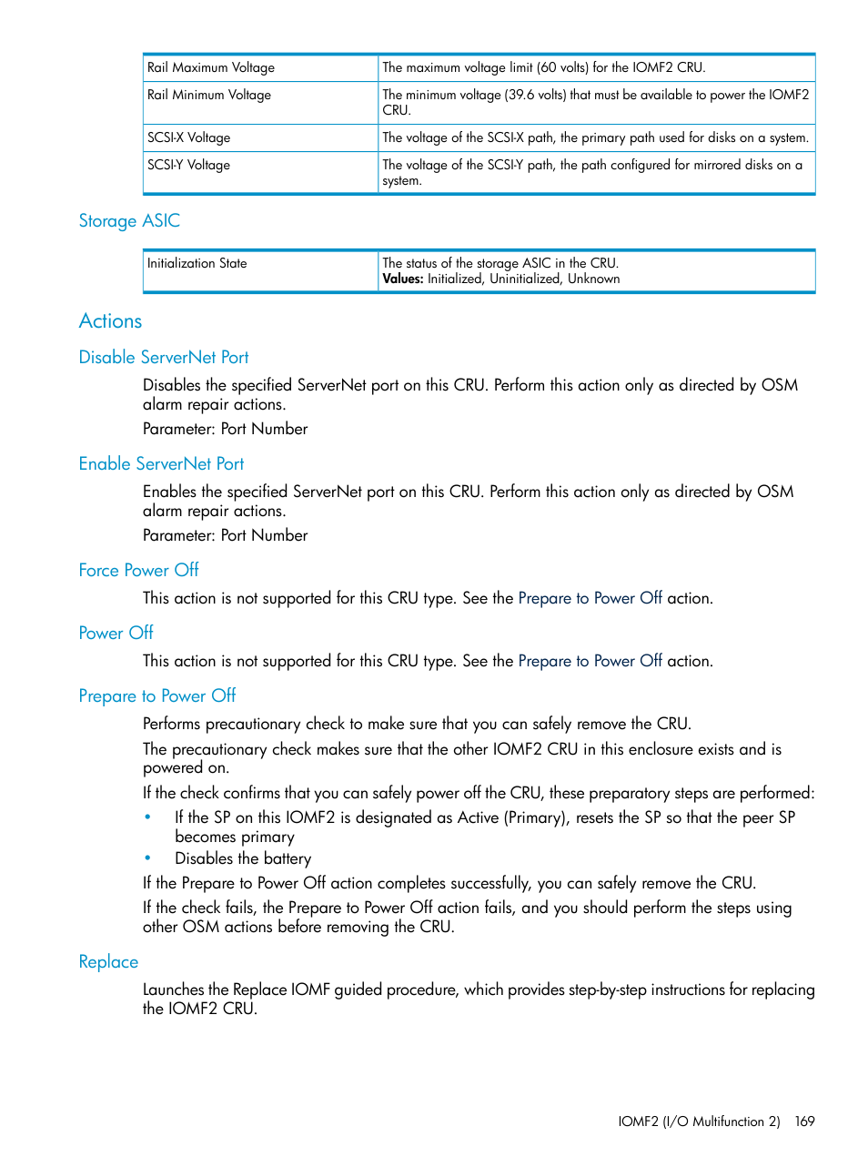 Storage asic, Actions, Disable servernet port | Enable servernet port, Force power off, Power off, Prepare to power off, Replace, Prepare to power off replace | HP Integrity NonStop J-Series User Manual | Page 169 / 328