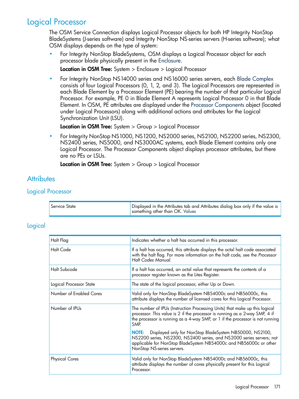 Logical processor, Attributes, Logical | Logical processor logical, Logical processors, Processors | HP Integrity NonStop J-Series User Manual | Page 171 / 328