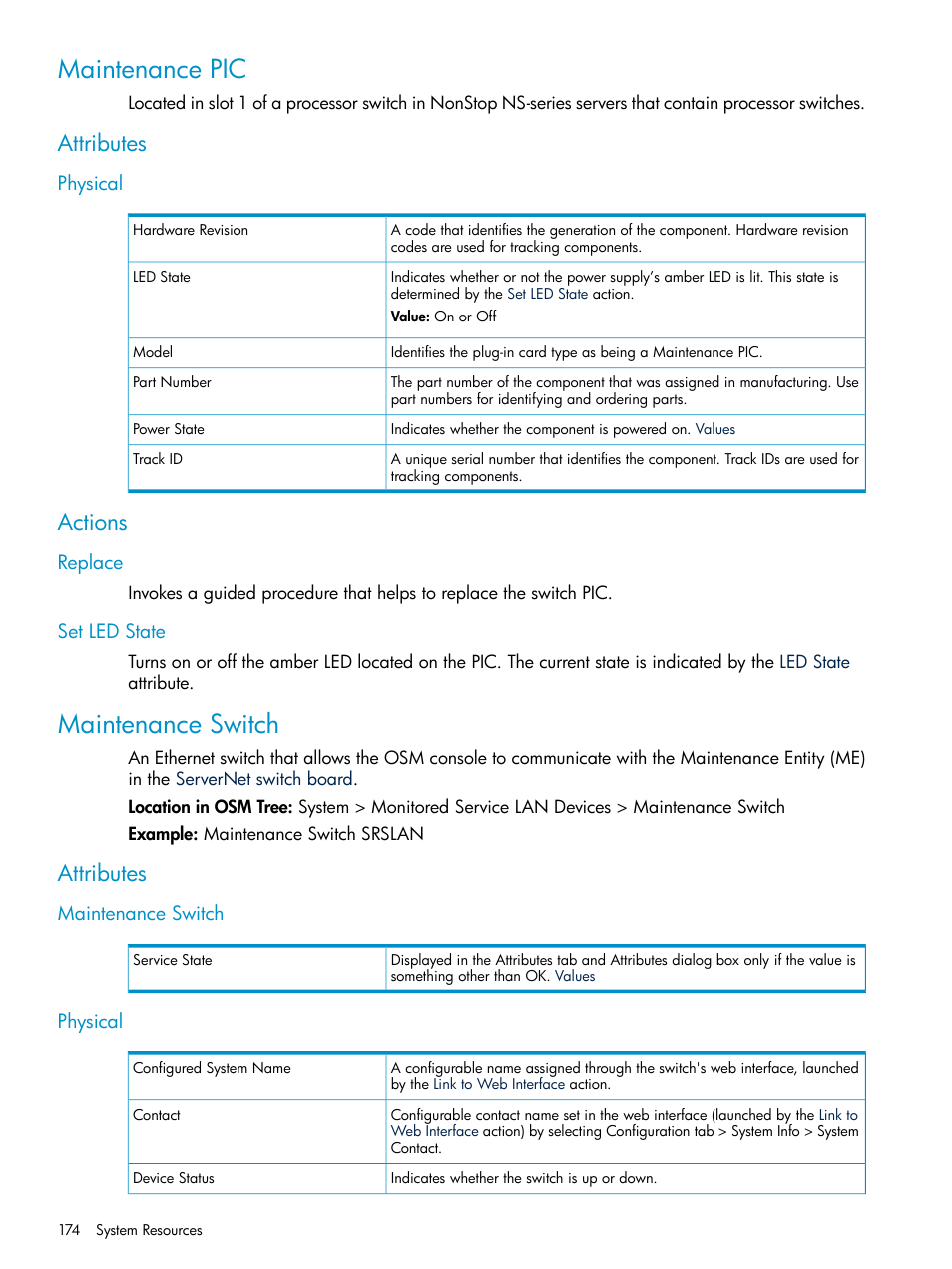 Maintenance pic, Attributes, Physical | Actions, Replace, Set led state, Maintenance switch, Replace set led state, Maintenance switch physical | HP Integrity NonStop J-Series User Manual | Page 174 / 328