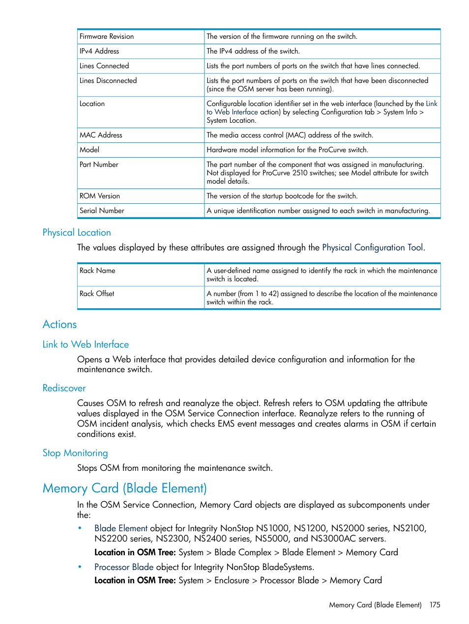 Physical location, Actions, Link to web interface | Rediscover, Stop monitoring, Memory card (blade element), Link to web interface rediscover stop monitoring, Memory card (blade), Memory card, Link to | HP Integrity NonStop J-Series User Manual | Page 175 / 328