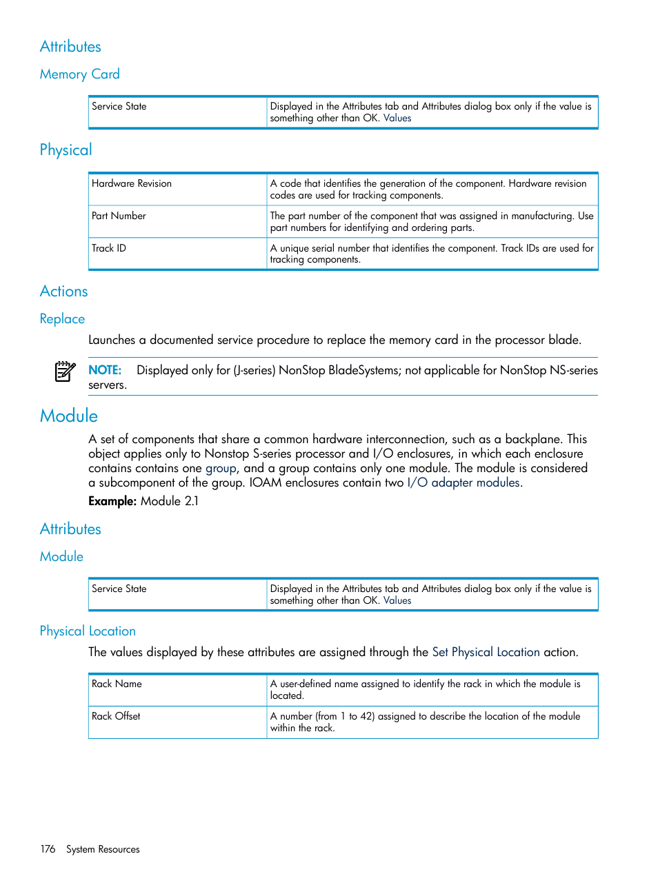 Attributes, Memory card, Physical | Actions, Replace, Module, Physical location, Physical actions, Module physical location | HP Integrity NonStop J-Series User Manual | Page 176 / 328