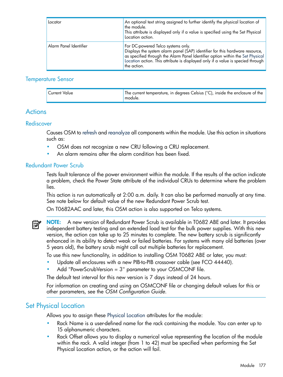 Temperature sensor, Actions, Rediscover | Redundant power scrub, Set physical location, Rediscover redundant power scrub | HP Integrity NonStop J-Series User Manual | Page 177 / 328