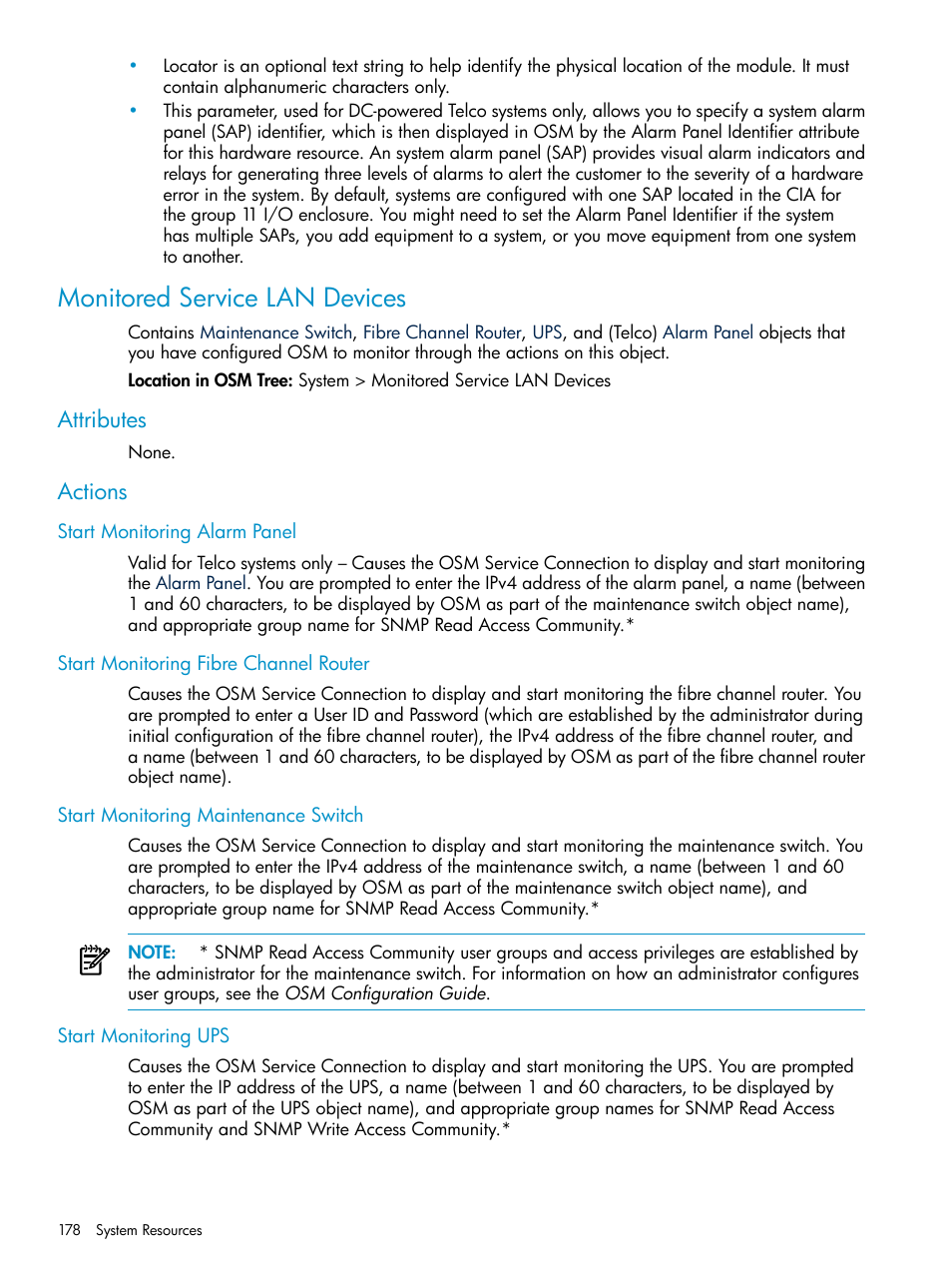 Monitored service lan devices, Attributes, Actions | Start monitoring alarm panel, Start monitoring fibre channel router, Start monitoring maintenance switch, Start monitoring ups, Attributes actions, Start, Monitoring alarm panel | HP Integrity NonStop J-Series User Manual | Page 178 / 328