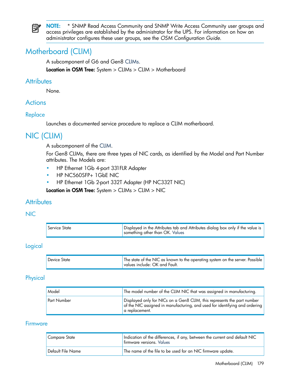Motherboard (clim), Attributes, Actions | Replace, Nic (clim), Logical, Physical, Firmware, Attributes actions, Nic logical physical firmware | HP Integrity NonStop J-Series User Manual | Page 179 / 328