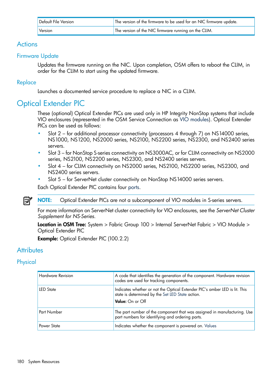 Actions, Firmware update, Replace | Optical extender pic, Attributes, Physical, Firmware update replace | HP Integrity NonStop J-Series User Manual | Page 180 / 328