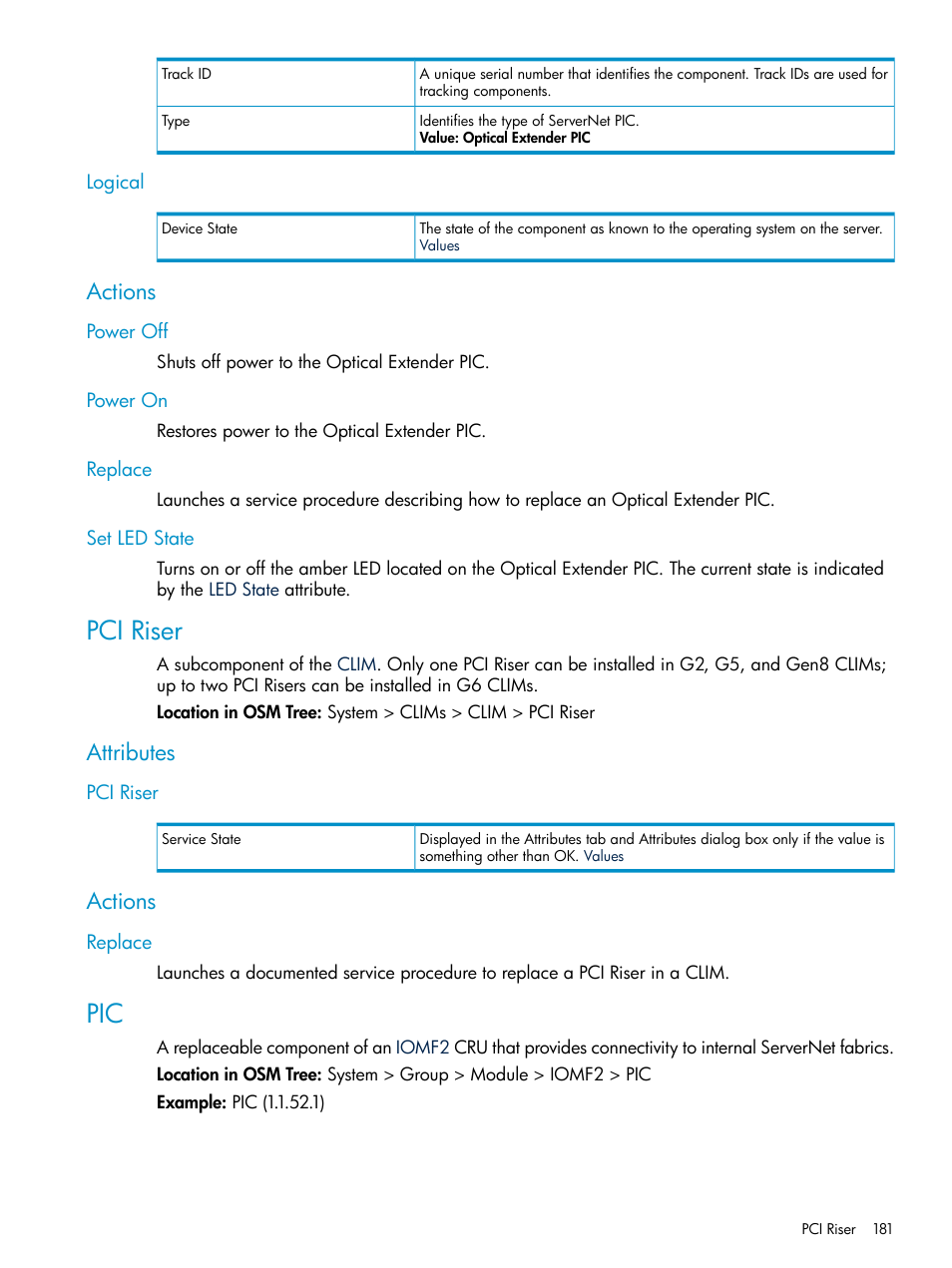Logical, Actions, Power off | Power on, Replace, Set led state, Pci riser, Attributes, Power off power on replace set led state, Pci riser (clim) | HP Integrity NonStop J-Series User Manual | Page 181 / 328