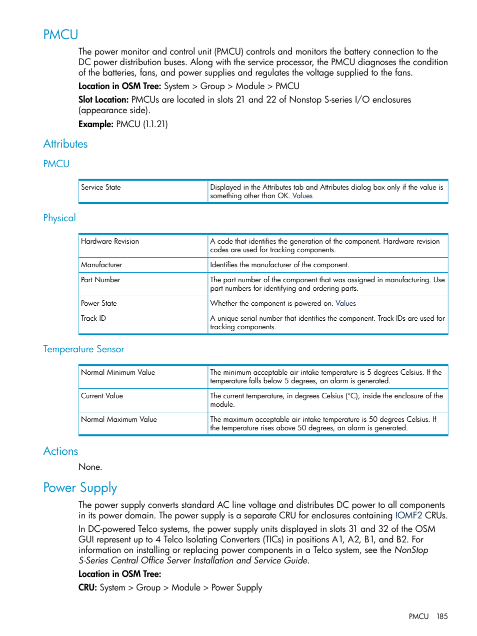 Pmcu, Attributes, Physical | Temperature sensor, Actions, Power supply, Pmcu physical temperature sensor | HP Integrity NonStop J-Series User Manual | Page 185 / 328