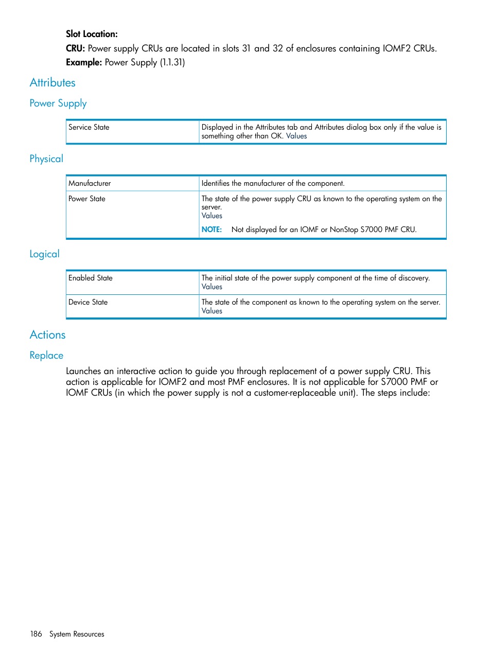Attributes, Power supply, Physical | Logical, Actions, Replace, Power supply physical logical | HP Integrity NonStop J-Series User Manual | Page 186 / 328