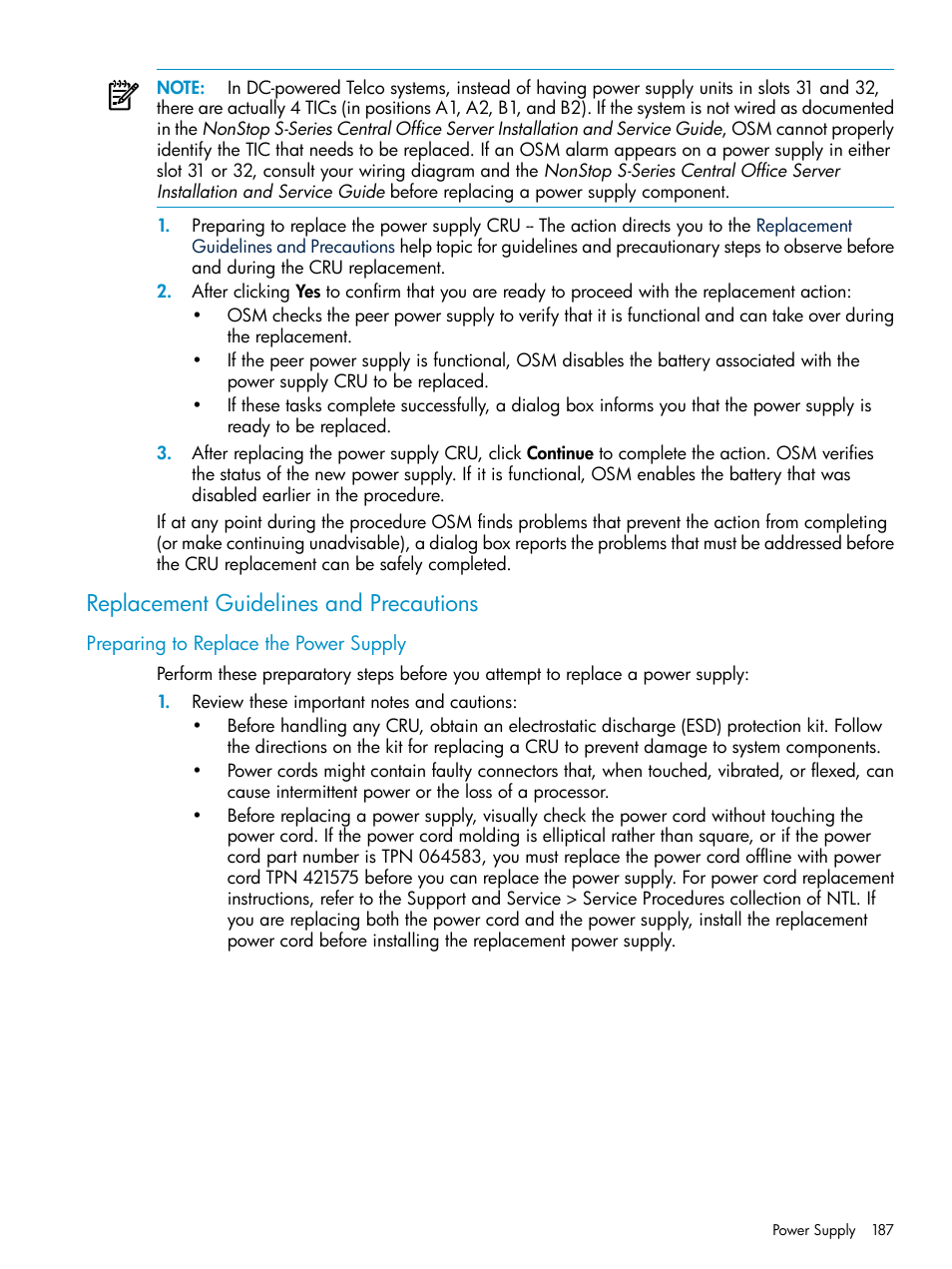 Replacement guidelines and precautions, Preparing to replace the power supply | HP Integrity NonStop J-Series User Manual | Page 187 / 328