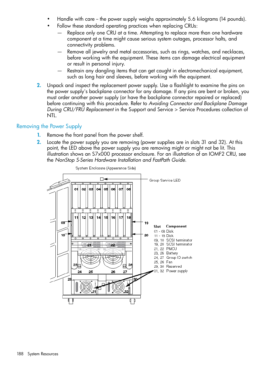 Removing the power supply | HP Integrity NonStop J-Series User Manual | Page 188 / 328