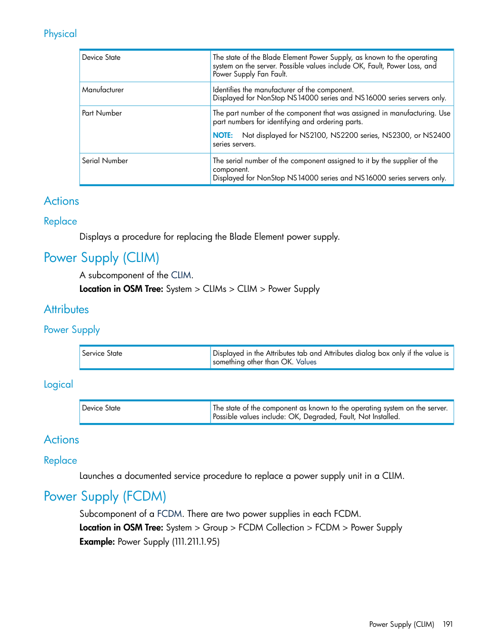 Physical, Actions, Replace | Power supply (clim), Attributes, Power supply, Logical, Power supply (fcdm), Power supply logical | HP Integrity NonStop J-Series User Manual | Page 191 / 328