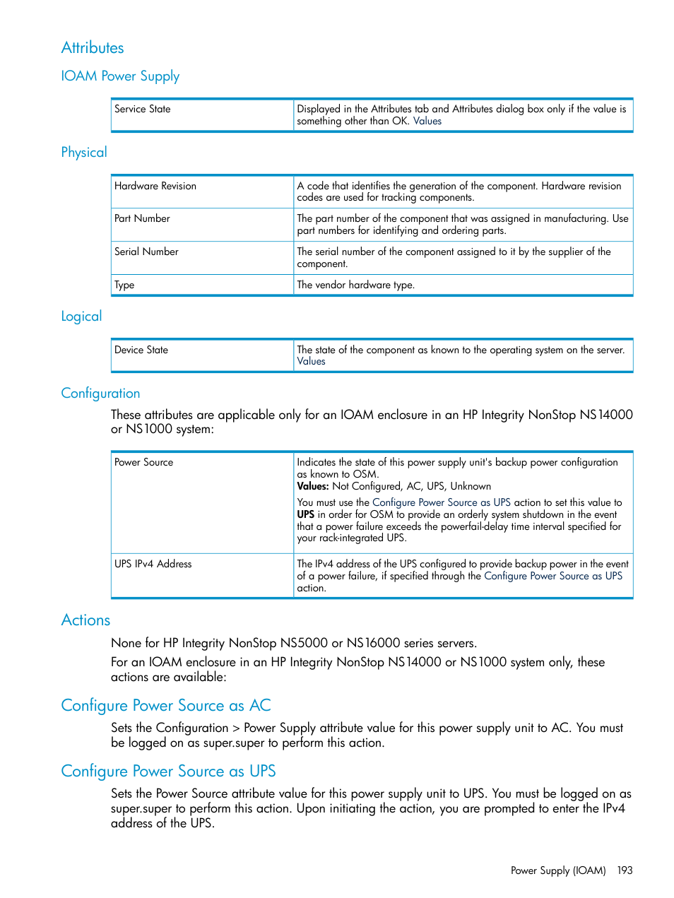 Attributes, Ioam power supply, Physical | Logical, Configuration, Actions, Configure power source as ac, Configure power source as ups, Ioam power supply physical logical configuration | HP Integrity NonStop J-Series User Manual | Page 193 / 328