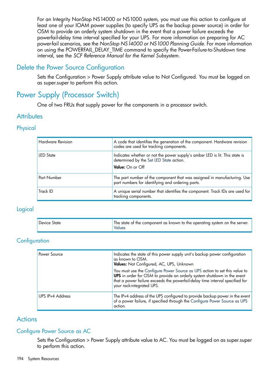 Delete the power source configuration, Power supply (processor switch), Attributes | Physical, Logical, Configuration, Actions, Configure power source as ac, Physical logical | HP Integrity NonStop J-Series User Manual | Page 194 / 328
