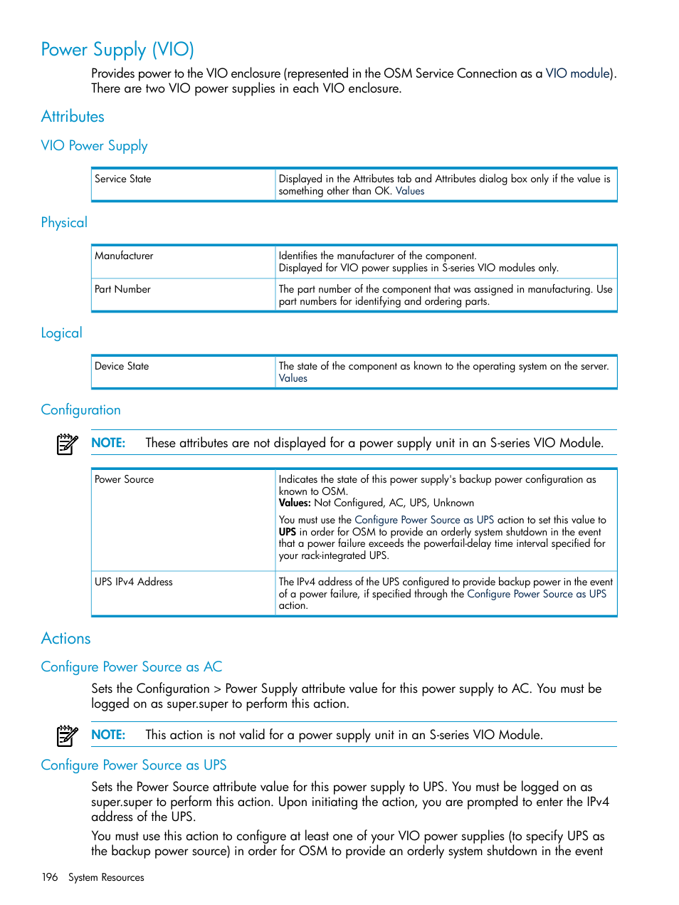Power supply (vio), Attributes, Vio power supply | Physical, Logical, Configuration, Actions, Configure power source as ac, Configure power source as ups, Vio power supply physical logical configuration | HP Integrity NonStop J-Series User Manual | Page 196 / 328