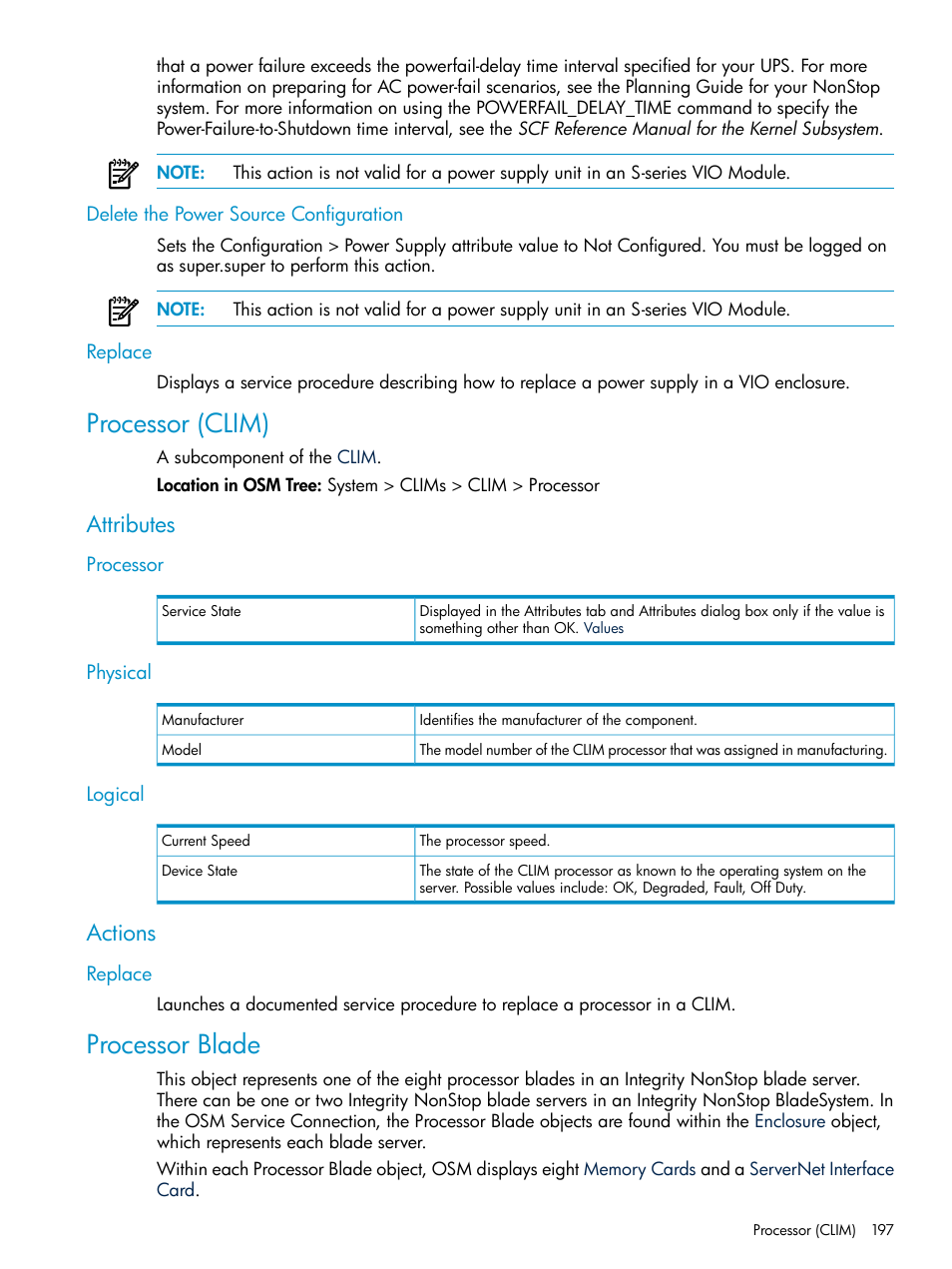 Delete the power source configuration, Replace, Processor (clim) | Attributes, Processor, Physical, Logical, Actions, Processor blade, Delete the power source configuration replace | HP Integrity NonStop J-Series User Manual | Page 197 / 328