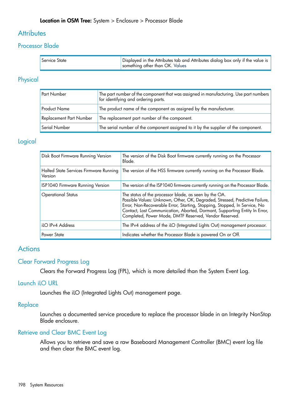 Attributes, Processor blade, Physical | Logical, Actions, Clear forward progress log, Launch ilo url, Replace, Retrieve and clear bmc event log, Processor blade physical logical | HP Integrity NonStop J-Series User Manual | Page 198 / 328