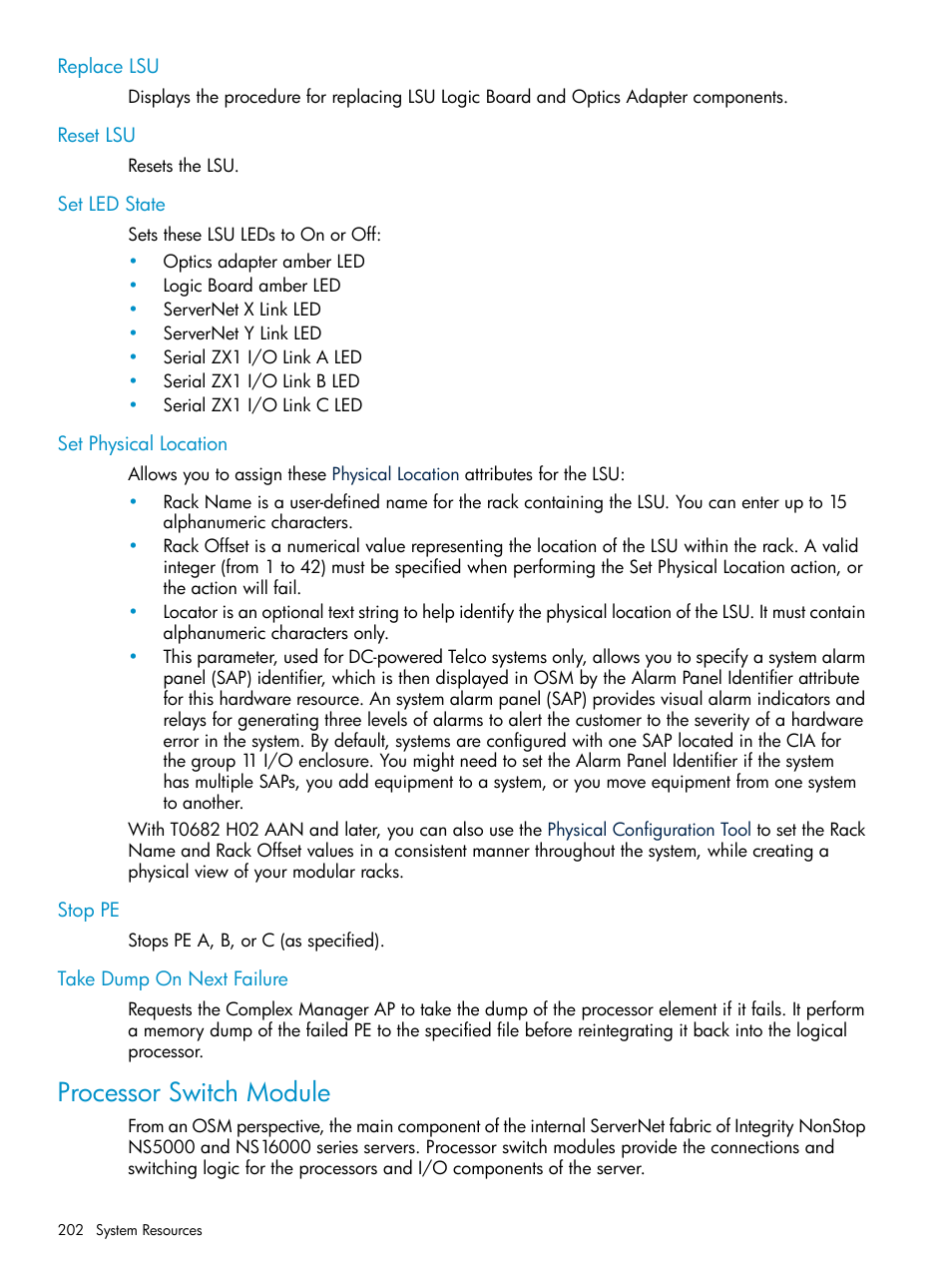 Replace lsu, Reset lsu, Set led state | Set physical location, Stop pe, Take dump on next failure, Processor switch module, Processor switch, Processor switches, Set physical | HP Integrity NonStop J-Series User Manual | Page 202 / 328