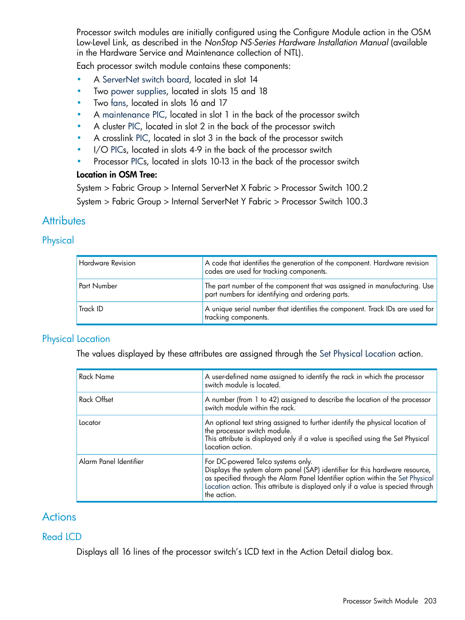 Attributes, Physical, Physical location | Actions, Read lcd, Physical physical location | HP Integrity NonStop J-Series User Manual | Page 203 / 328