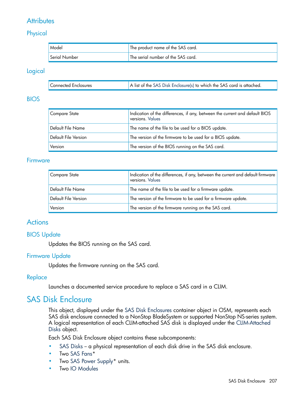 Attributes, Physical, Logical | Bios, Firmware, Actions, Bios update, Firmware update, Replace, Sas disk enclosure | HP Integrity NonStop J-Series User Manual | Page 207 / 328