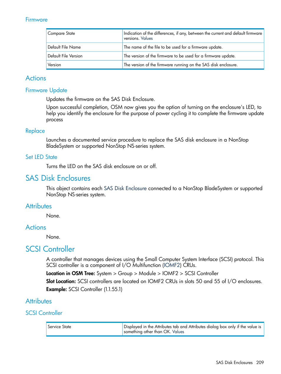 Firmware, Actions, Firmware update | Replace, Set led state, Sas disk enclosures, Attributes, Scsi controller, Firmware update replace set led state, Attributes actions | HP Integrity NonStop J-Series User Manual | Page 209 / 328