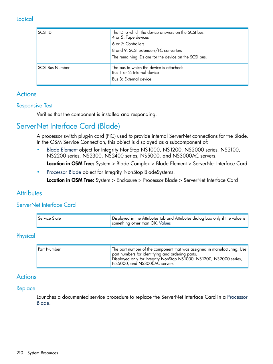 Logical, Actions, Responsive test | Servernet interface card (blade), Attributes, Servernet interface card, Physical, Replace, Servernet interface card physical | HP Integrity NonStop J-Series User Manual | Page 210 / 328