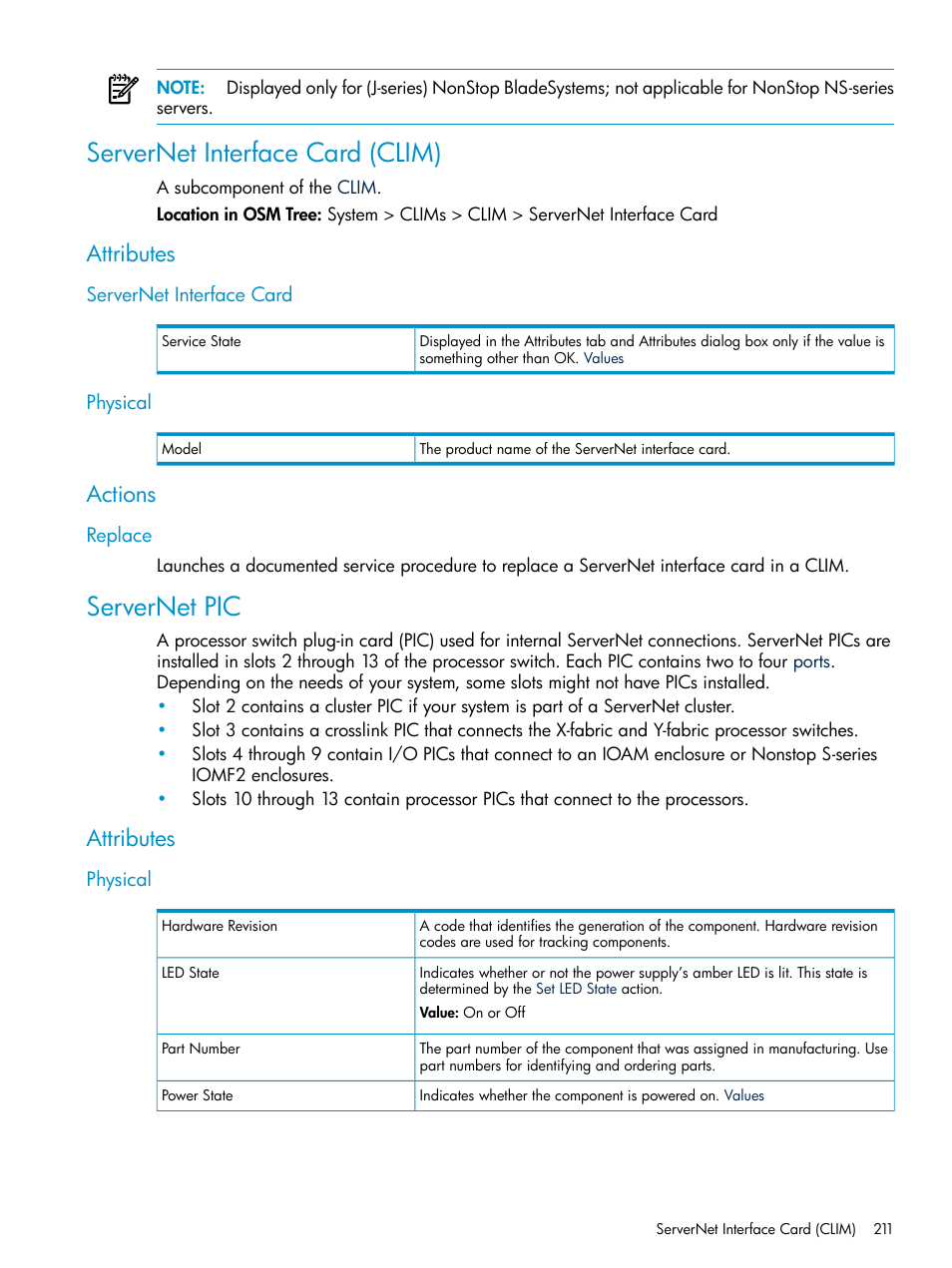 Servernet interface card (clim), Attributes, Servernet interface card | Physical, Actions, Replace, Servernet pic, Servernet interface card physical | HP Integrity NonStop J-Series User Manual | Page 211 / 328