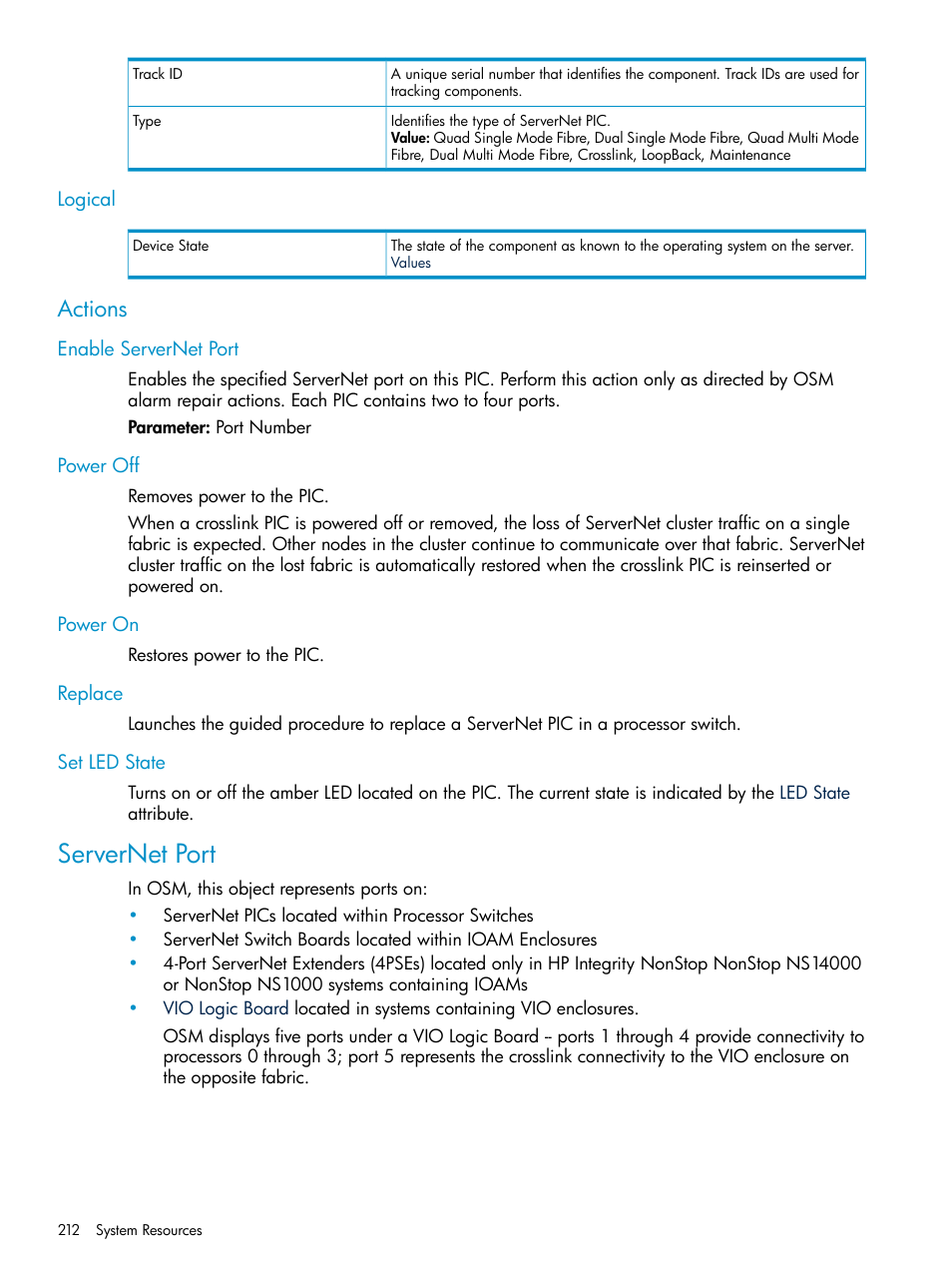Logical, Actions, Enable servernet port | Power off, Power on, Replace, Set led state, Servernet port, Servernet ports, Ports | HP Integrity NonStop J-Series User Manual | Page 212 / 328