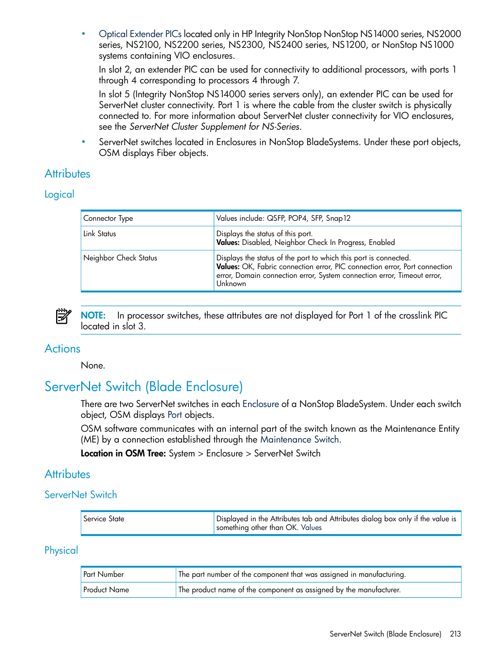 Attributes, Logical, Actions | Servernet switch (blade enclosure), Servernet switch, Physical, Servernet switch physical, Servernet switches | HP Integrity NonStop J-Series User Manual | Page 213 / 328