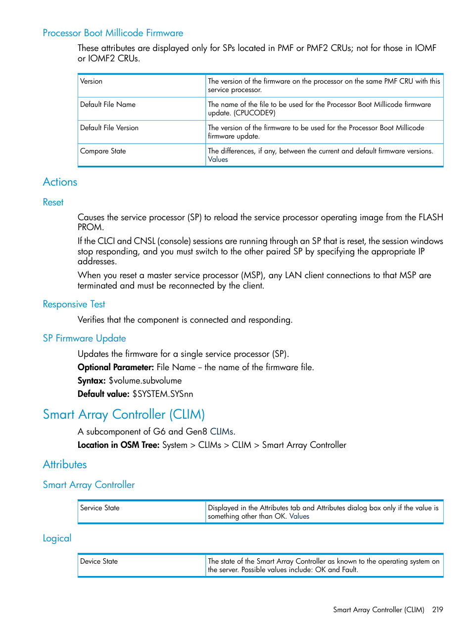 Infiniband hca card, Logical, Processor boot millicode firmware | Actions, Reset, Responsive test, Sp firmware update, Smart array controller (clim), Attributes, Smart array controller | HP Integrity NonStop J-Series User Manual | Page 219 / 328