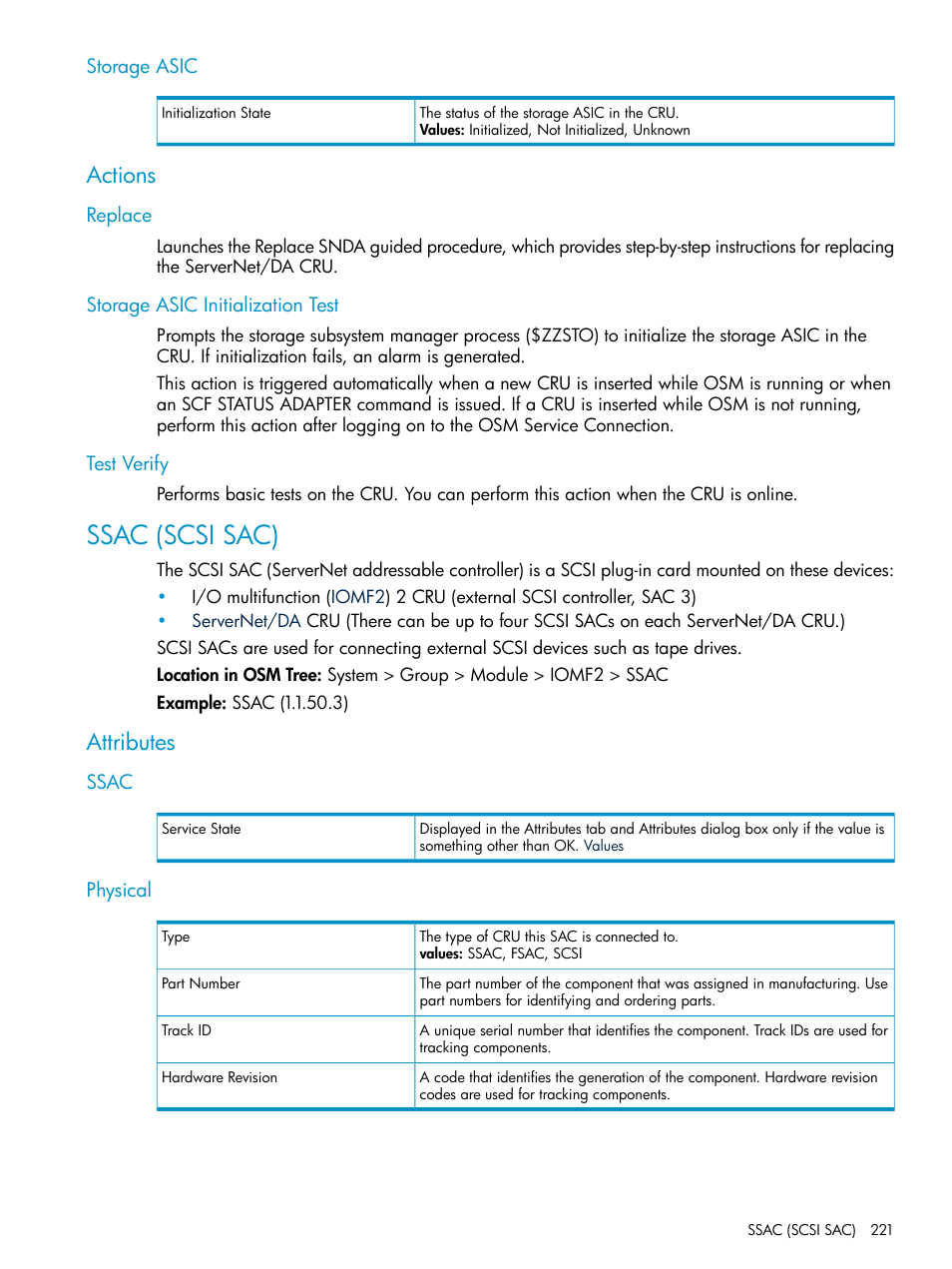 Storage asic, Actions, Replace | Storage asic initialization test, Test verify, Ssac (scsi sac), Attributes, Ssac, Physical, Ssac physical | HP Integrity NonStop J-Series User Manual | Page 221 / 328