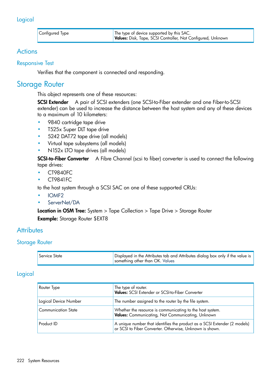 Logical, Actions, Responsive test | Storage router, Attributes, Storage router logical | HP Integrity NonStop J-Series User Manual | Page 222 / 328