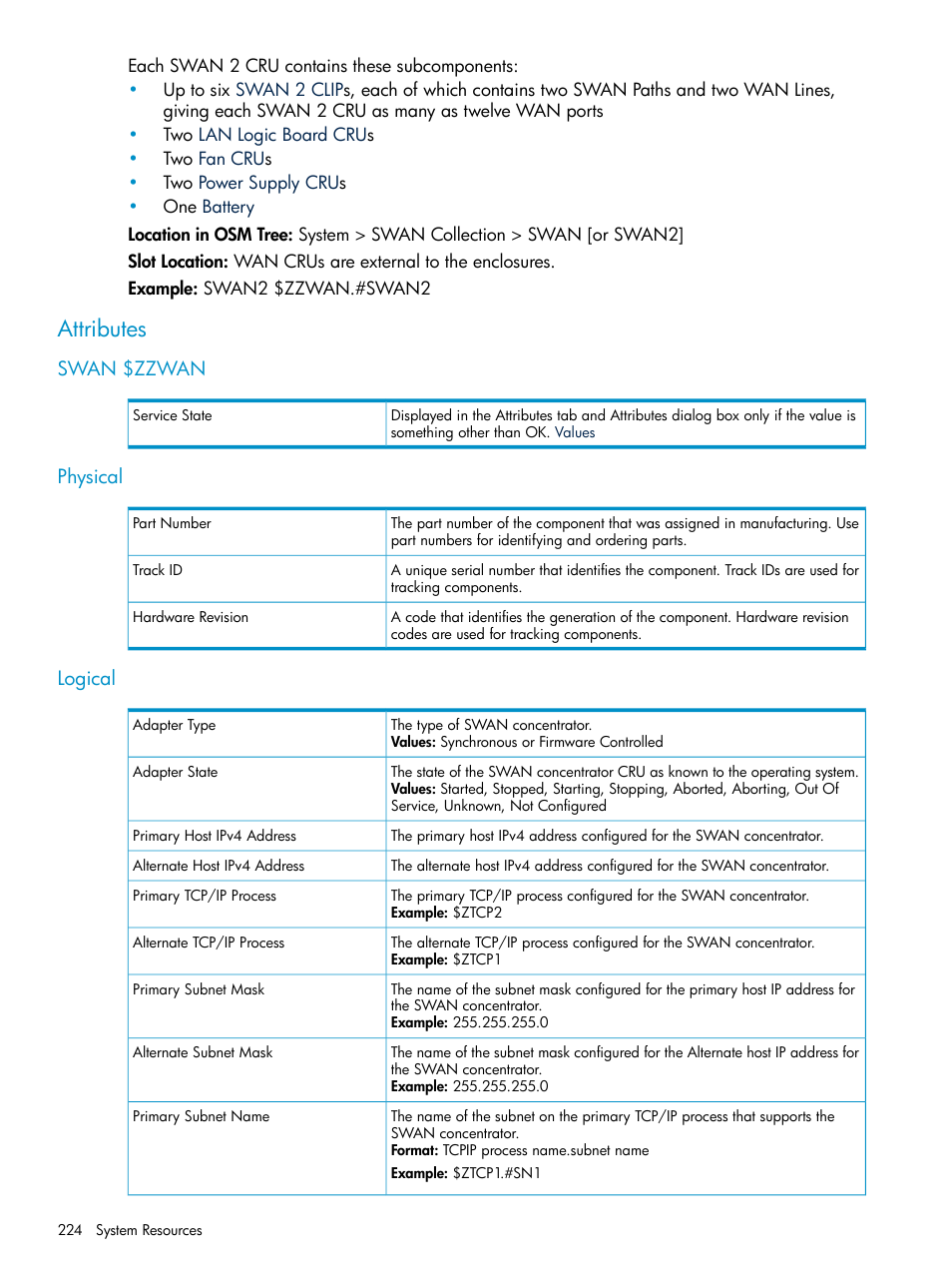 Attributes, Swan $zzwan, Physical | Logical, Swan $zzwan physical logical | HP Integrity NonStop J-Series User Manual | Page 224 / 328