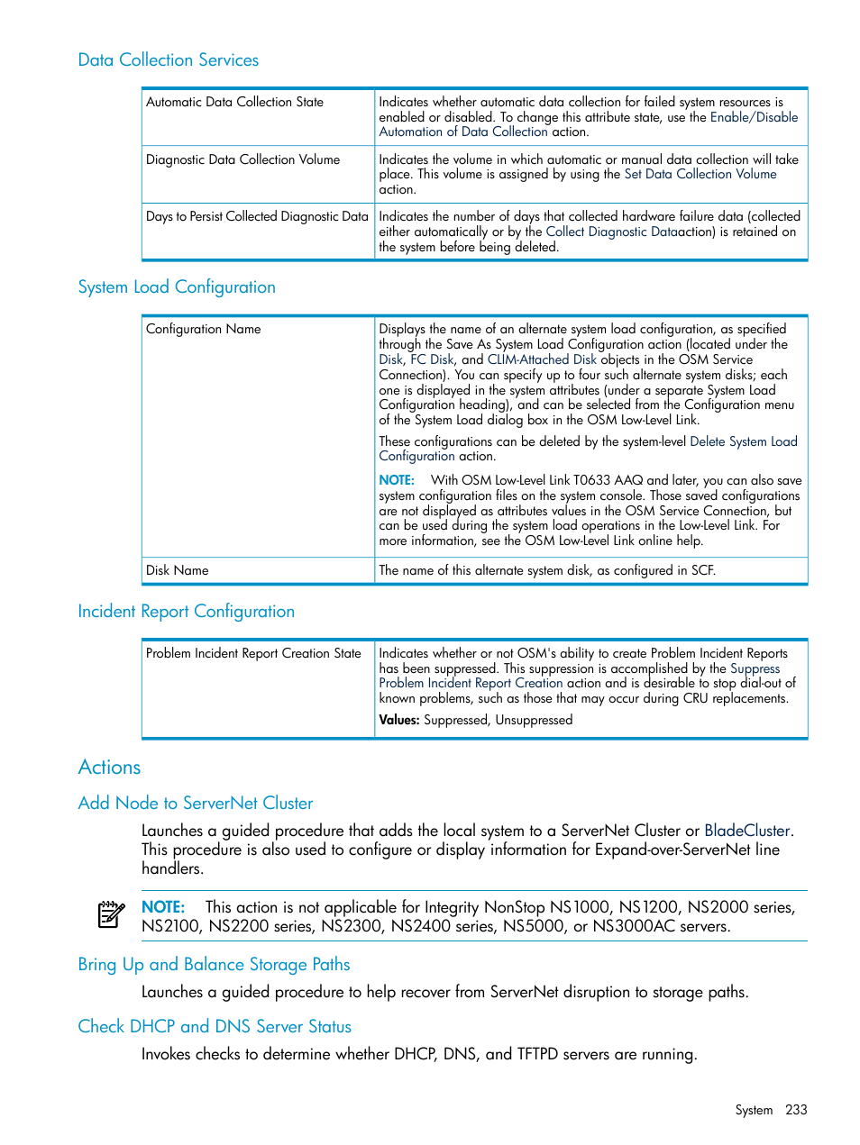 Data collection services, System load configuration, Incident report configuration | Actions, Add node to servernet cluster, Bring up and balance storage paths, Check dhcp and dns server status | HP Integrity NonStop J-Series User Manual | Page 233 / 328